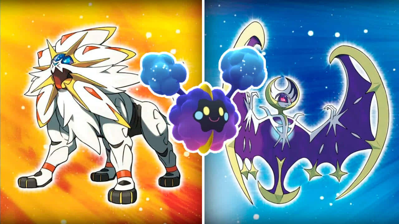 Cosmog Between Solgaleo And Lunala Background
