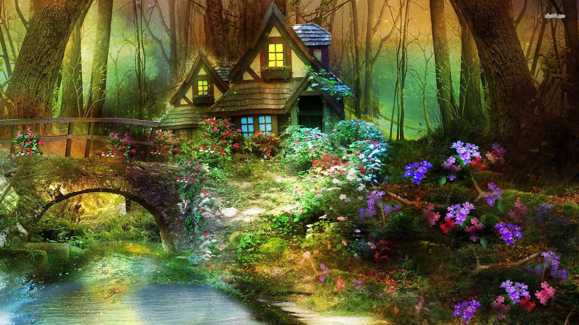 Cottage In An Enchanted Forest Background