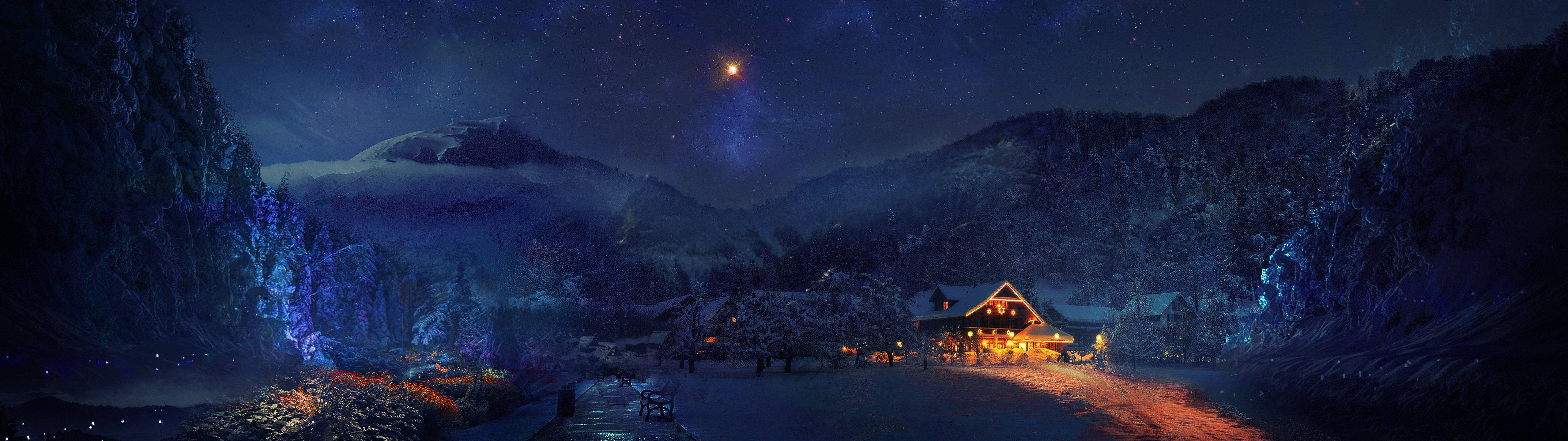 Cottage In Winter Night Background