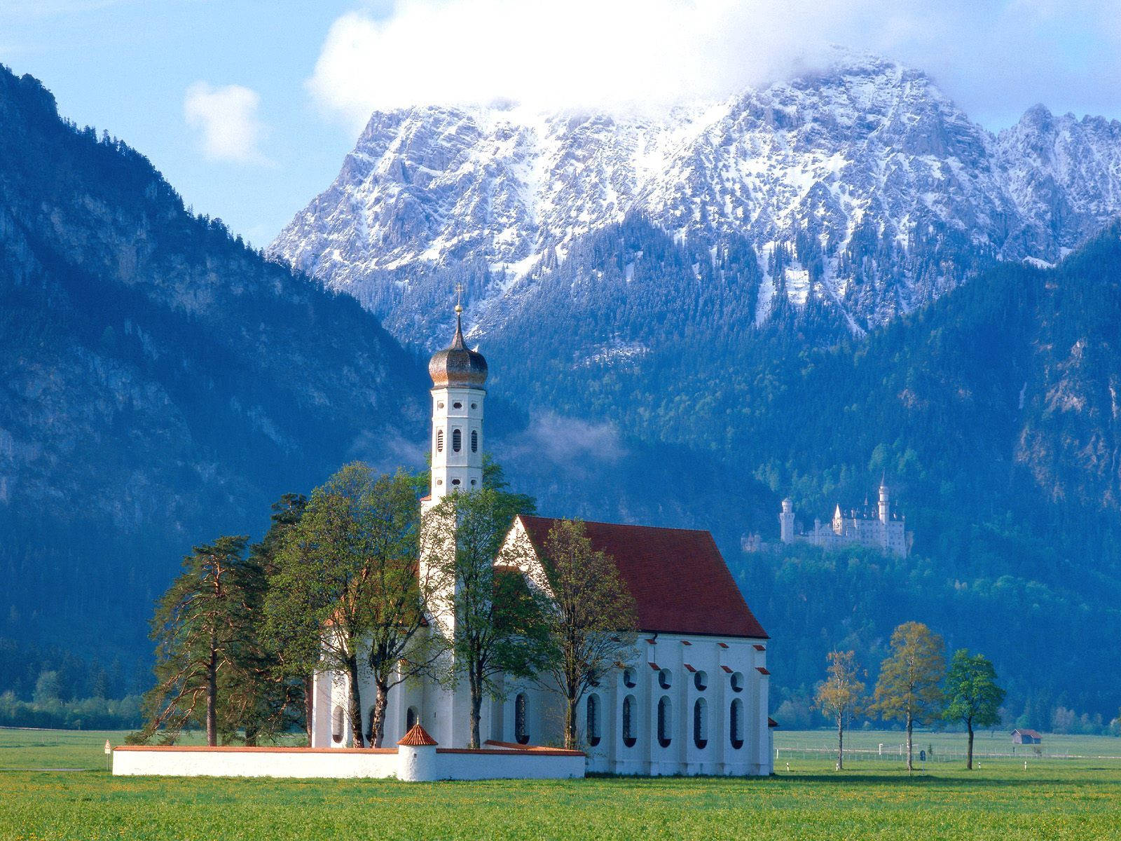 Country Church Trees On Mountains Background