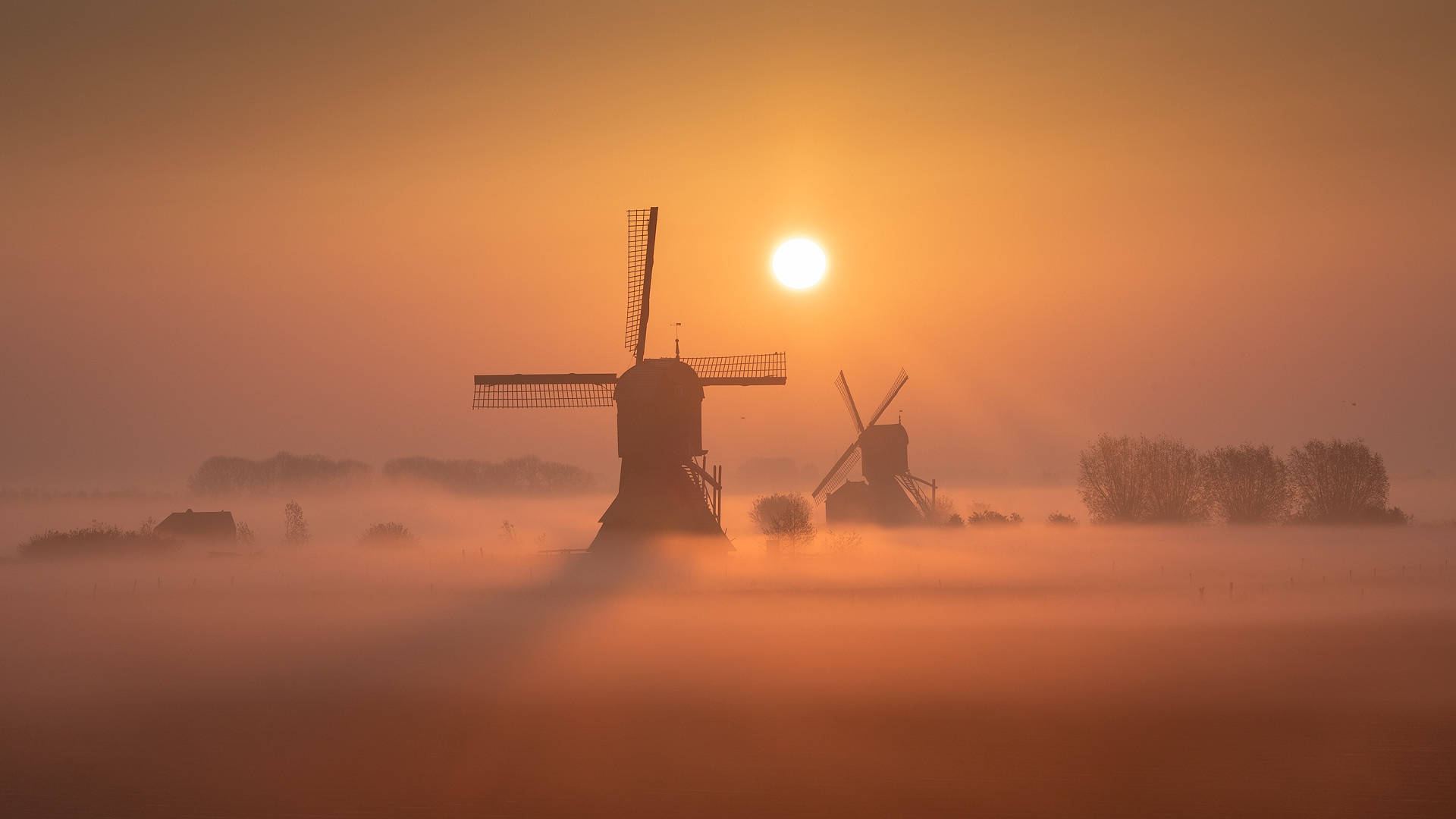 Country Side Windmills In Netherlands Background