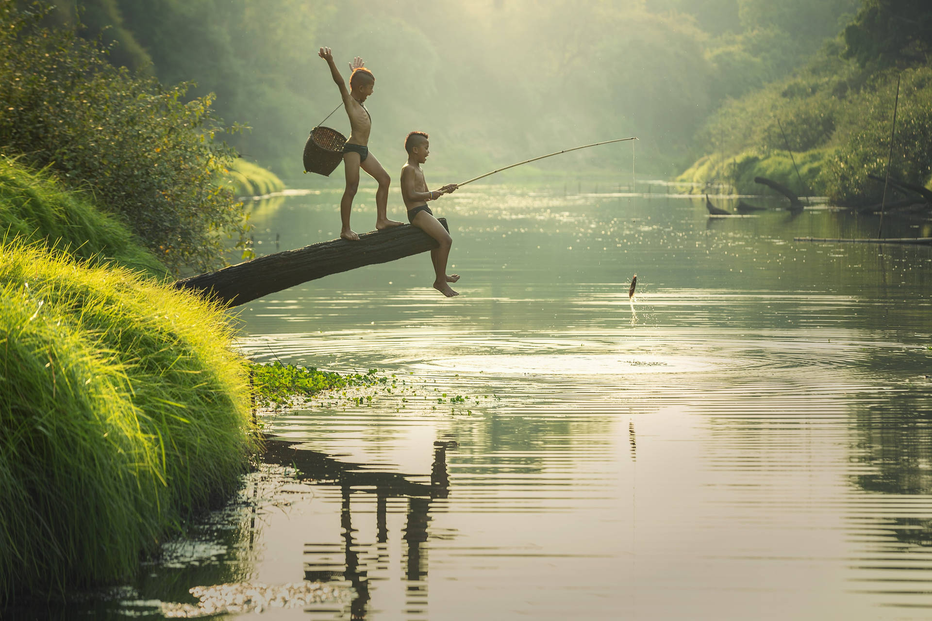 Country Summer Kids Fishing Background