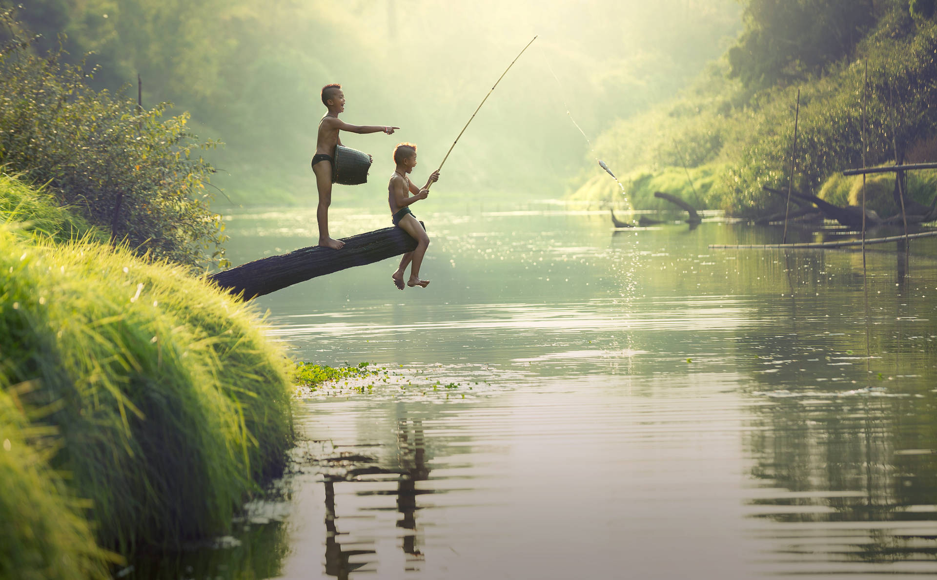 Country Summer Kids Fishing Pointing Background