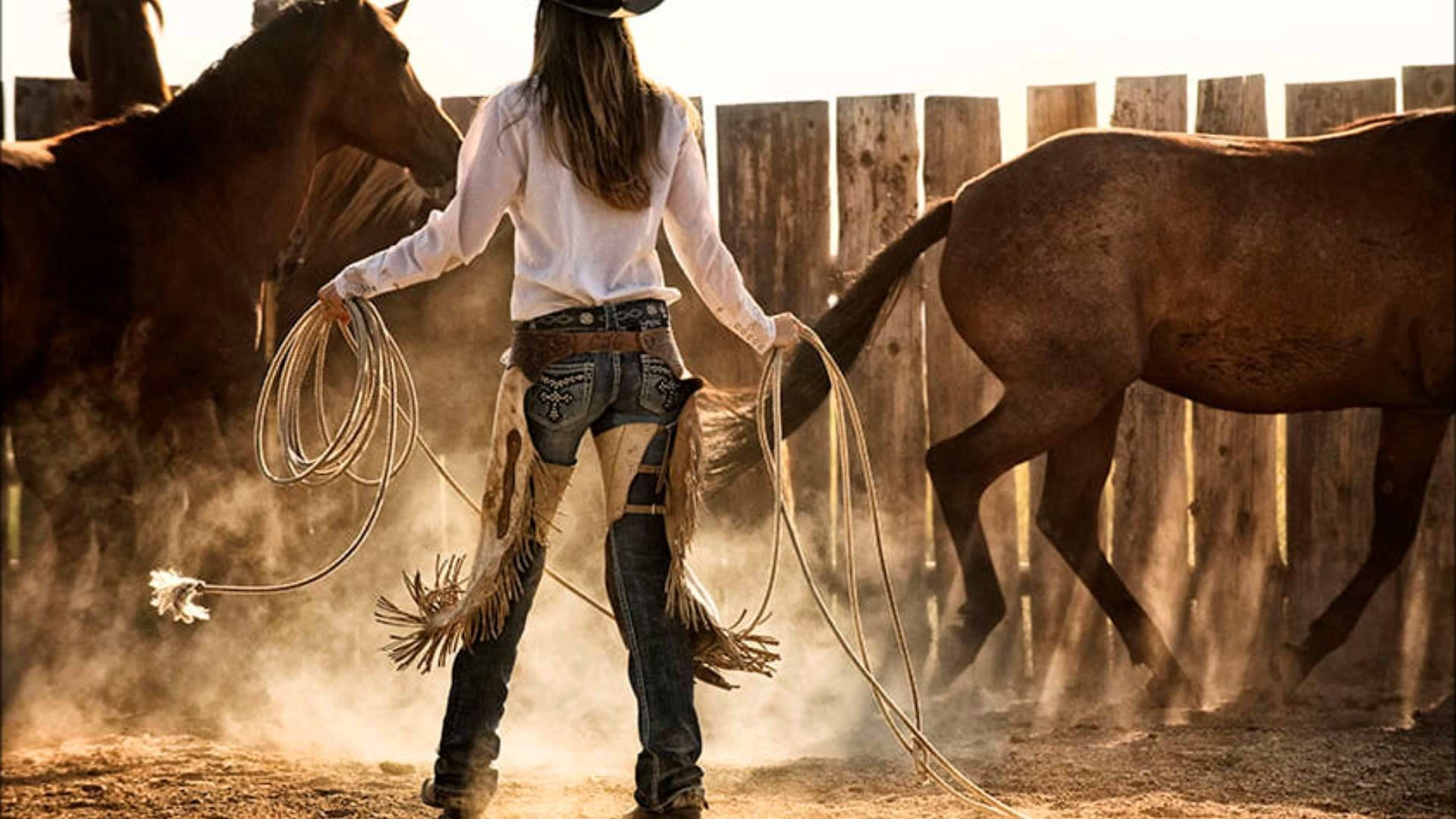 Country Western Cowgirl Two Horses