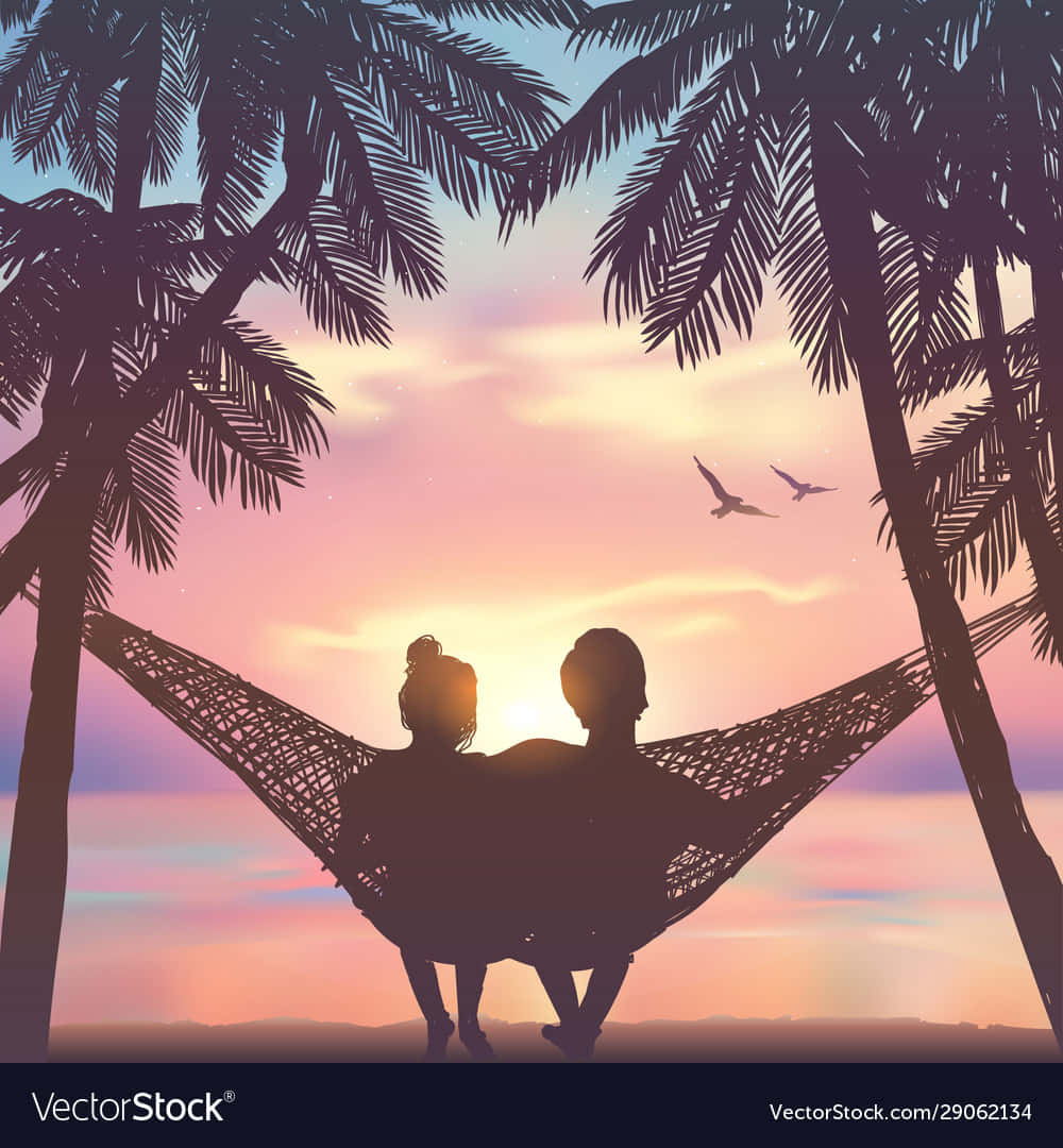 Couple At Beach Hammock On Trees Background