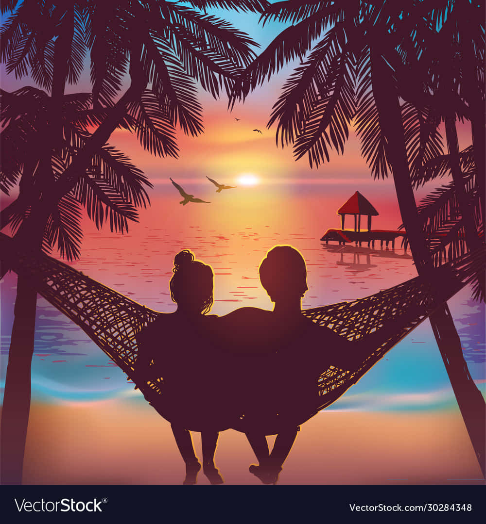 Couple At Beach On A Hammock Background