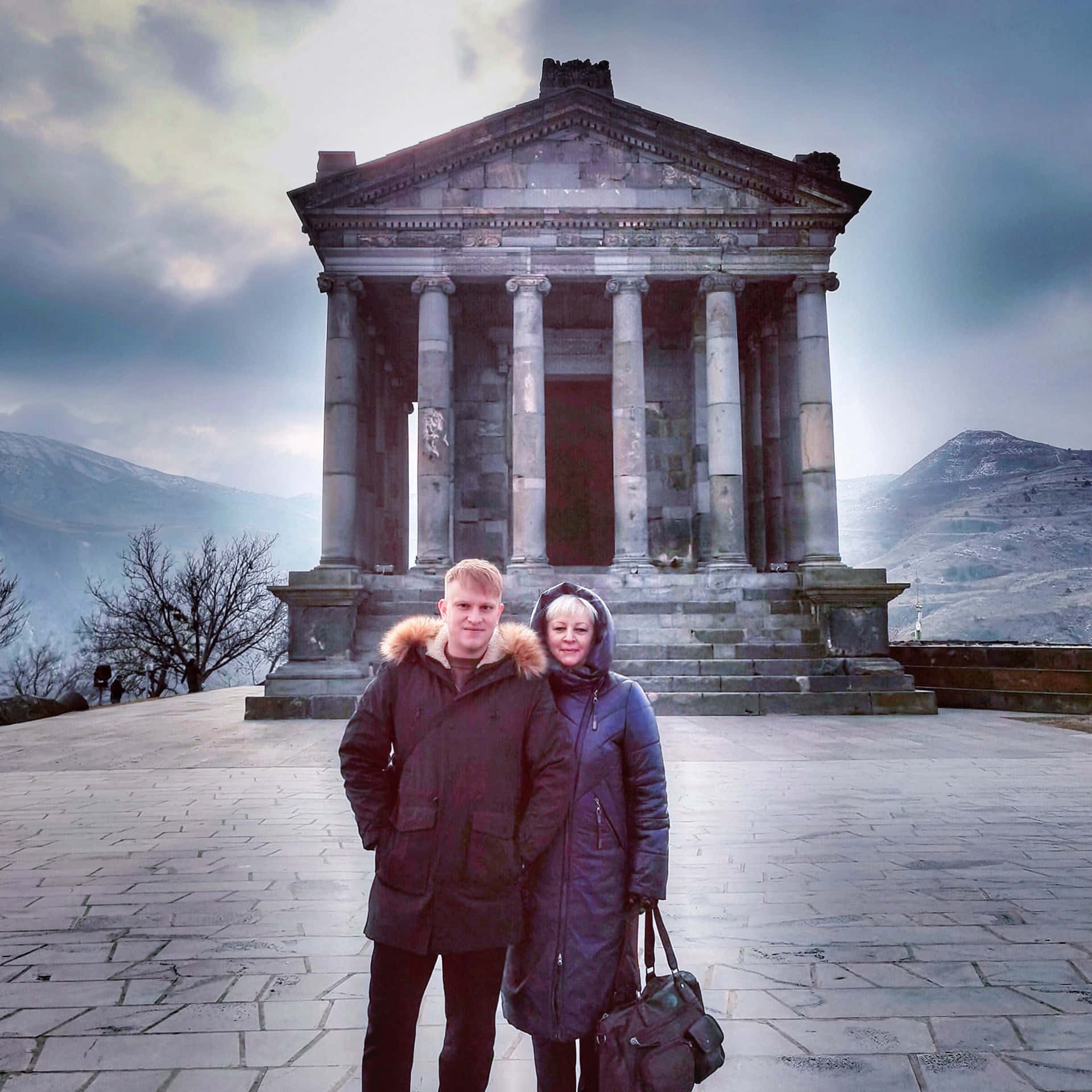 Couple At Garni Temple Background