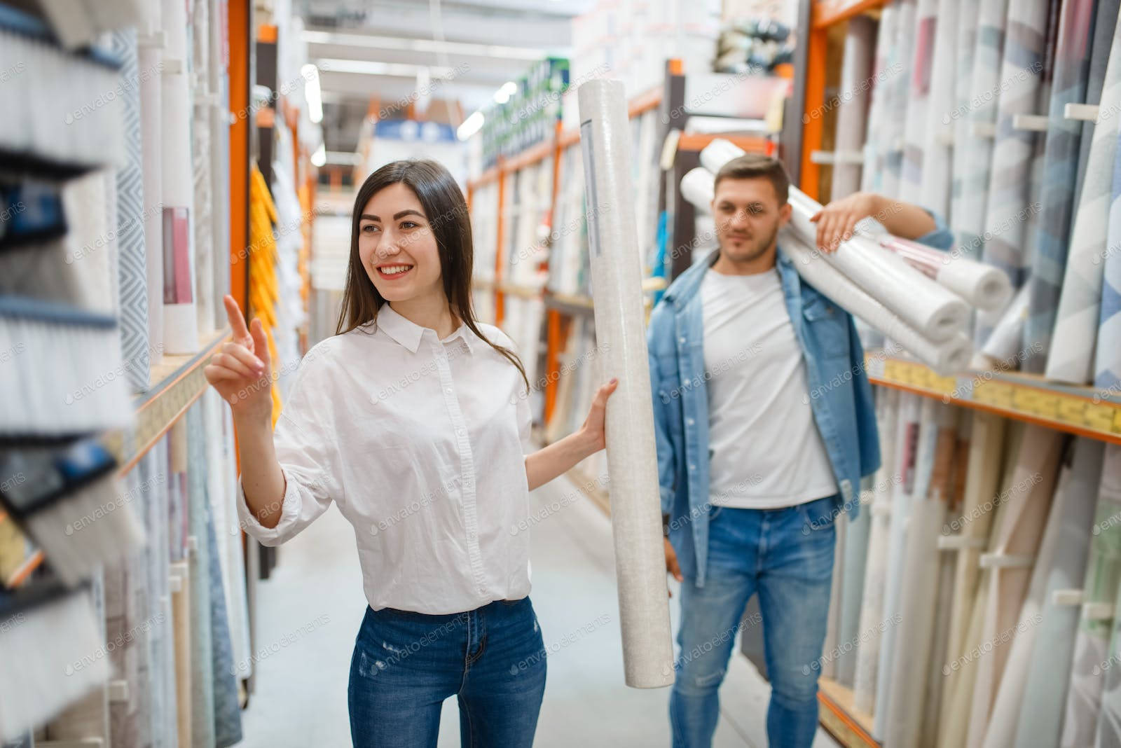 Couple Buying Materials In Store Background