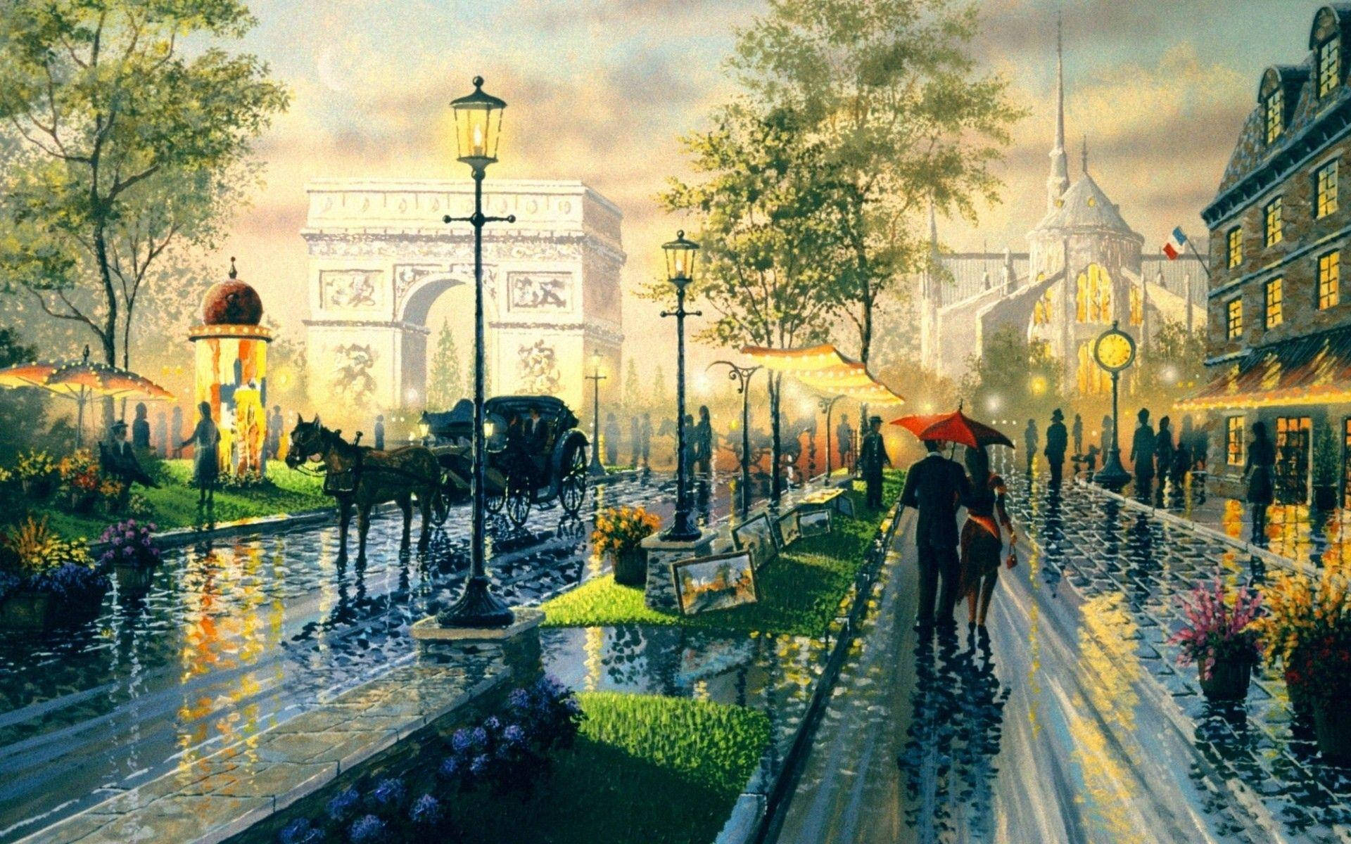 Couple In Rainy City Painting Desktop Background