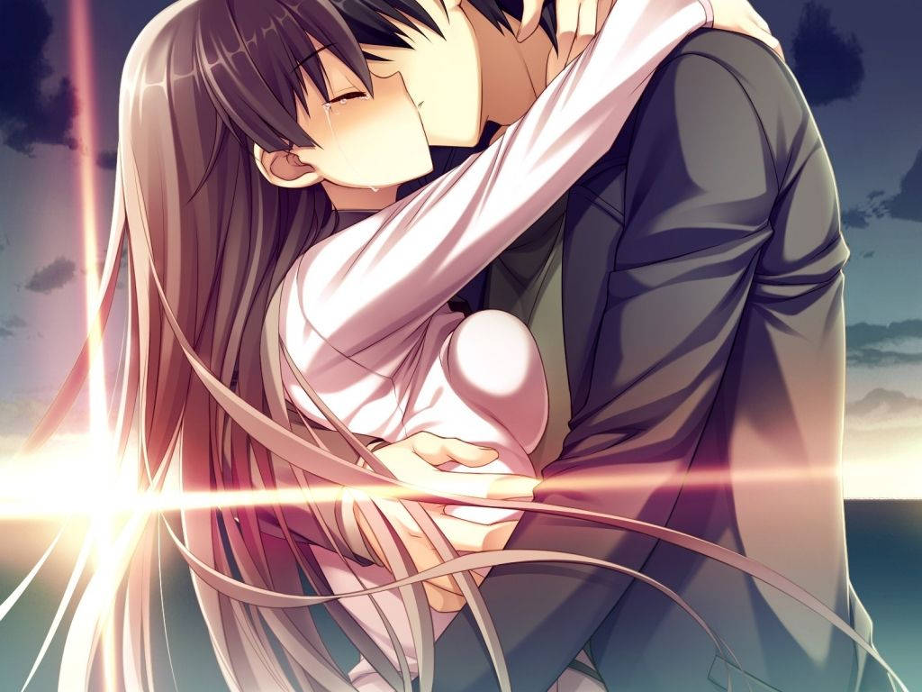 Couple Kissing Against Sunlight Love Anime Background