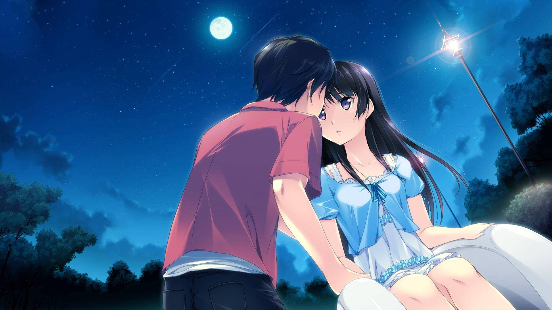 Couple Kissing During Nighttime Love Anime Background