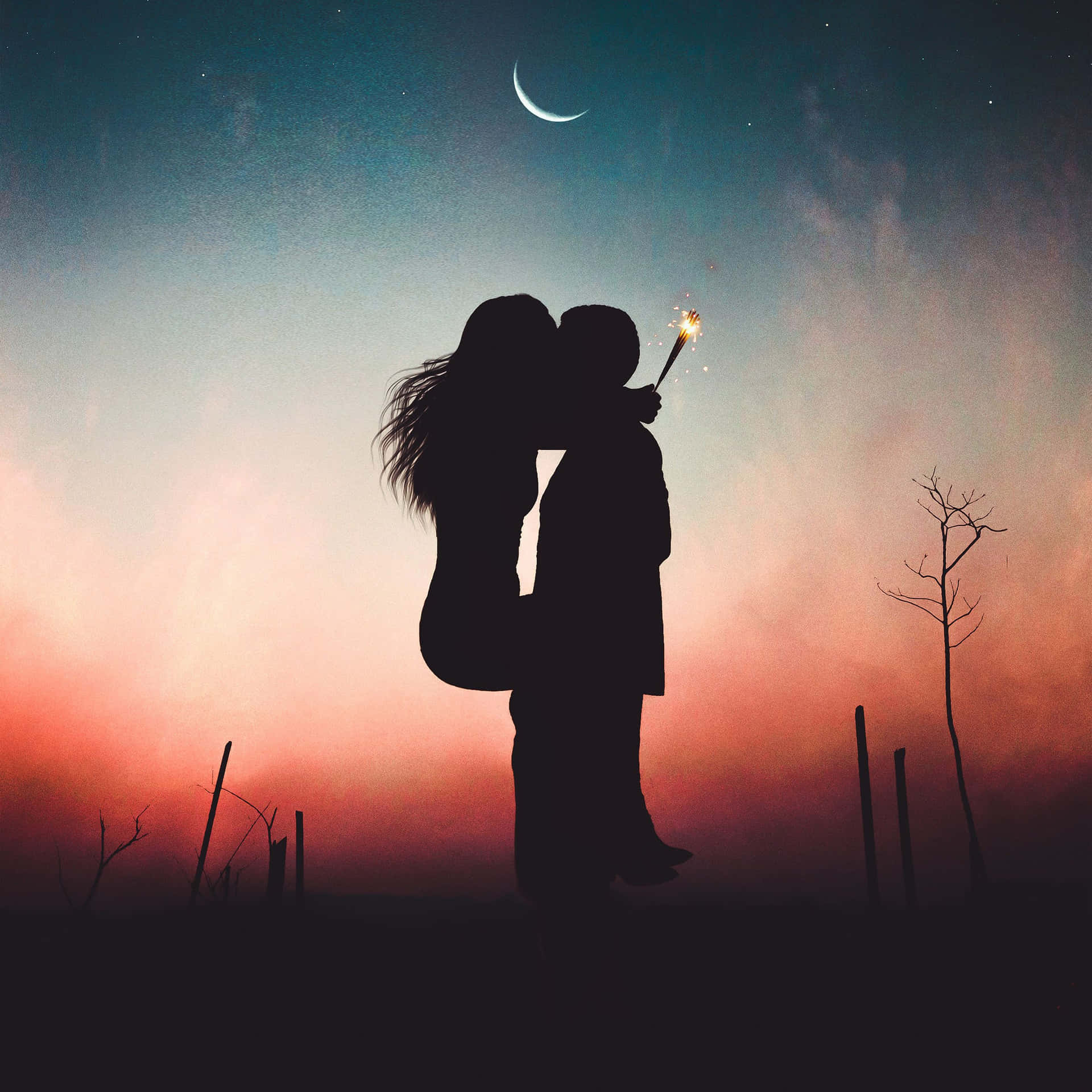 Couple Kissing Lips Under The Moon Background