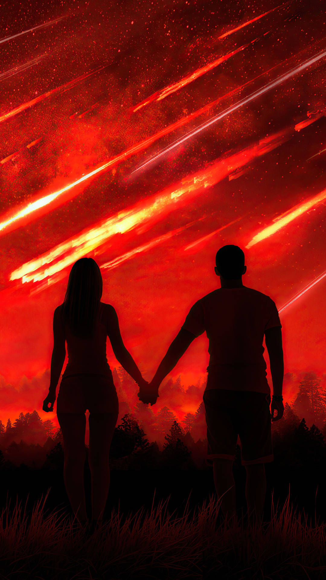 Couple Silhouette Holding Hands Red Meteor Sky Background