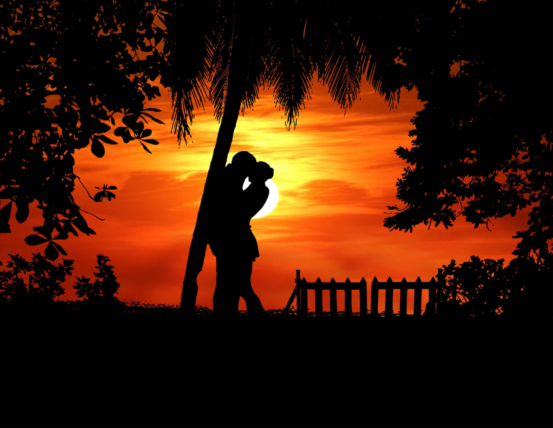 Couple Silhouette In Golden Time Background