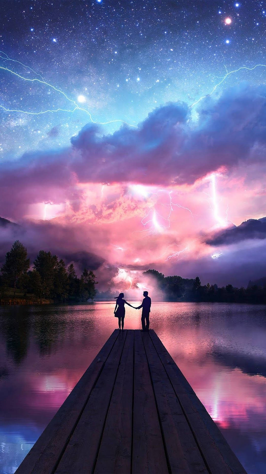 Couple Silhouette In Stormy Weather Background
