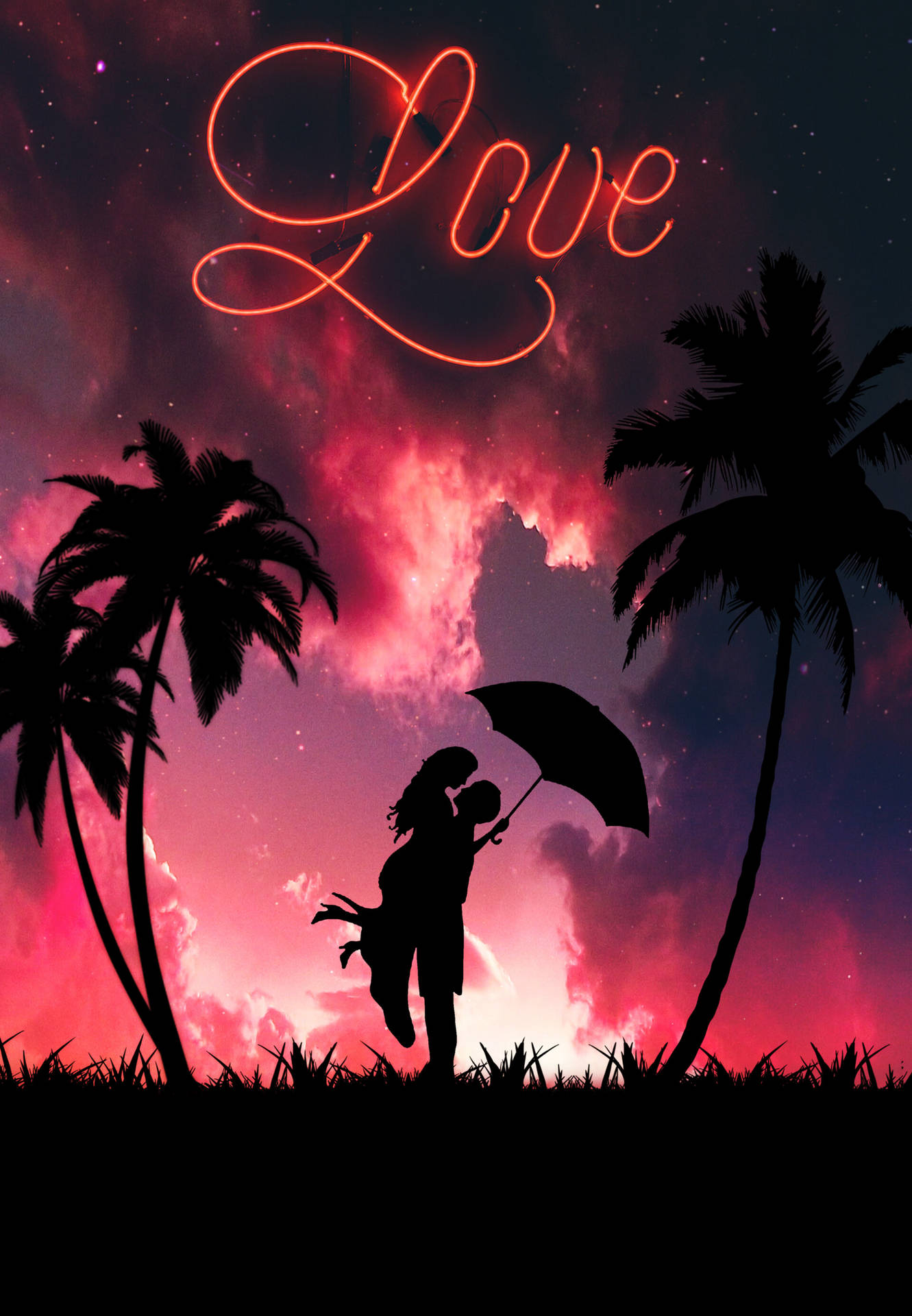 Couple Silhouette Pink Art