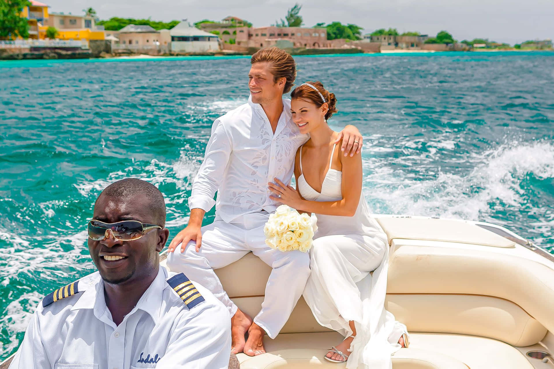 Couples At Beach On A Boat Background