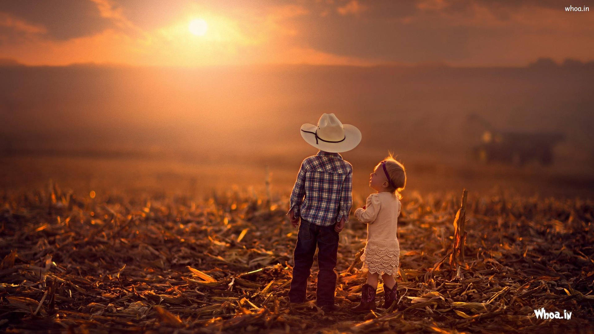 Cowboy Children At Orange Sunset Background