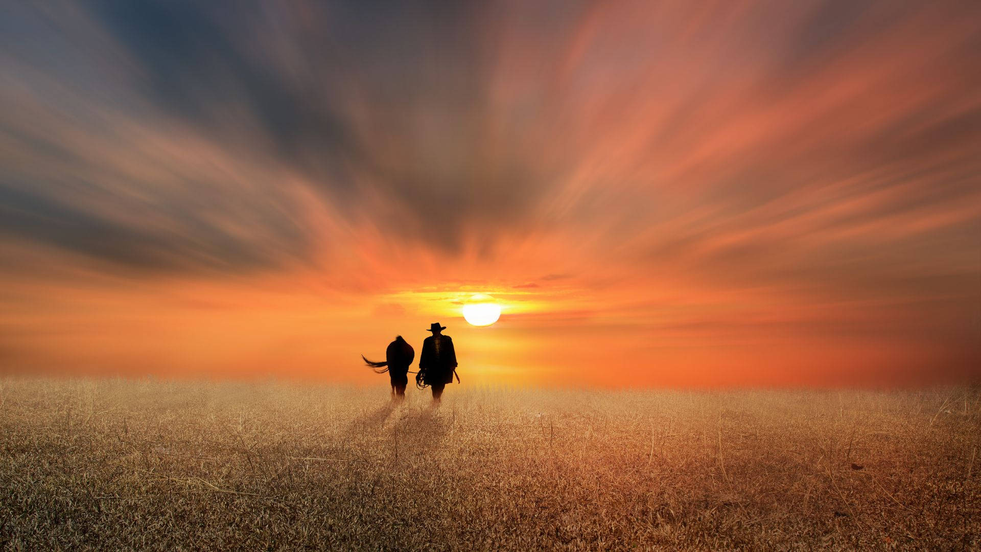 Cowboy Journey During Sunset Background