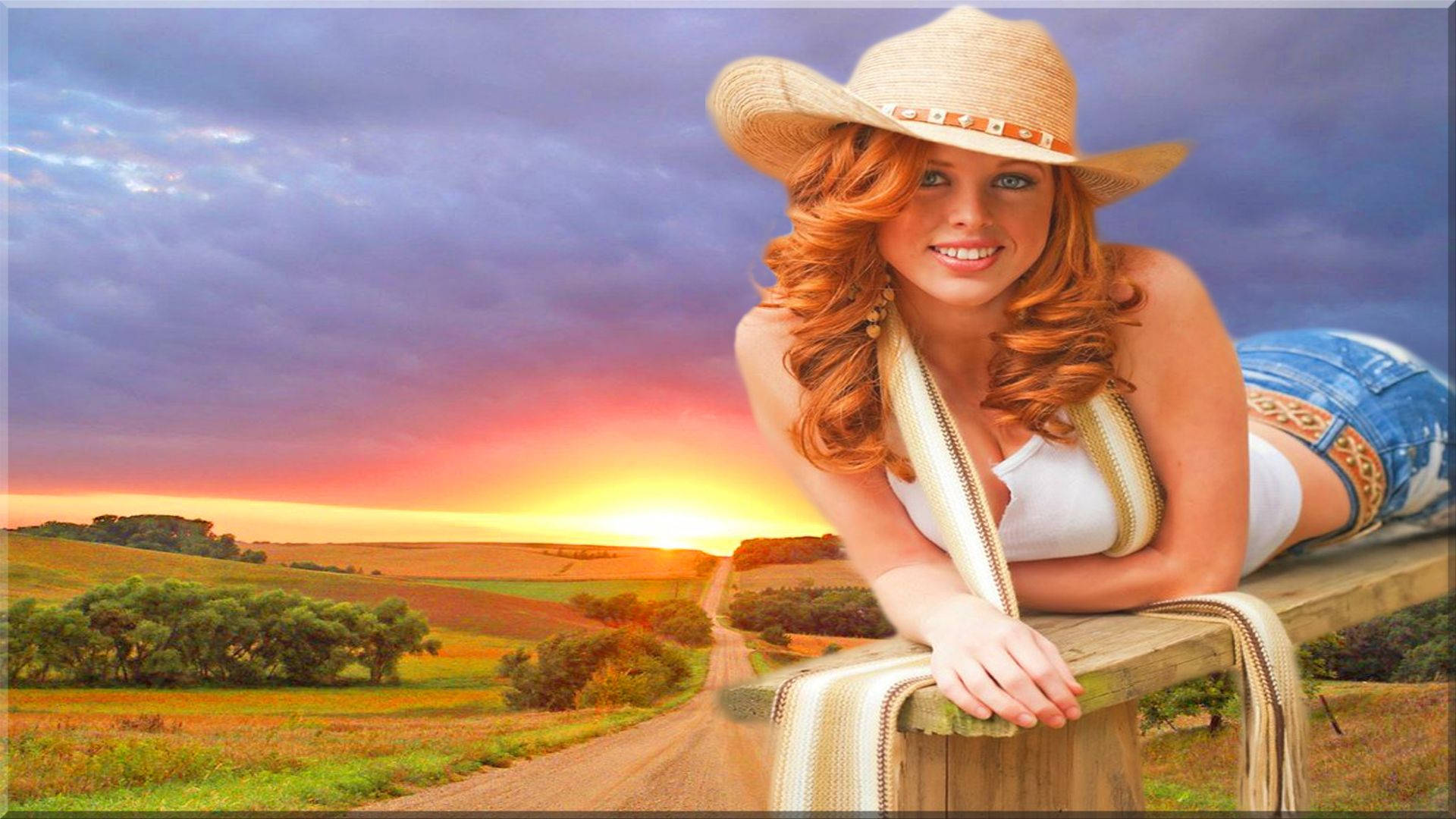 Cowgirl On A Bench Background