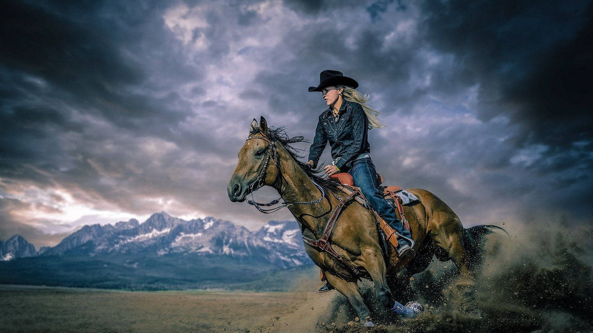 Cowgirl Riding A Horse Through Storm Background