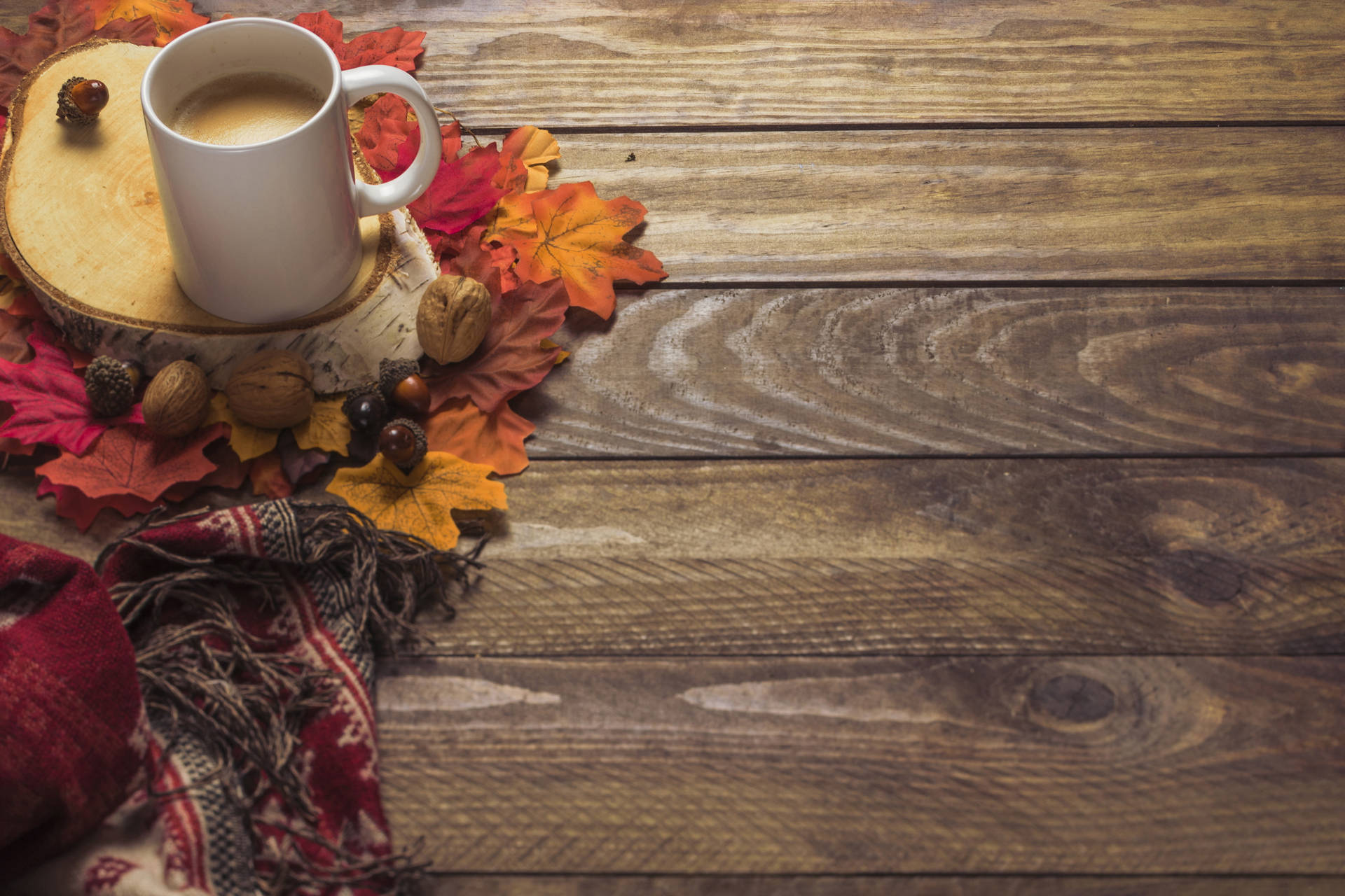 Cozy Autumn Leaves And Scarf Background