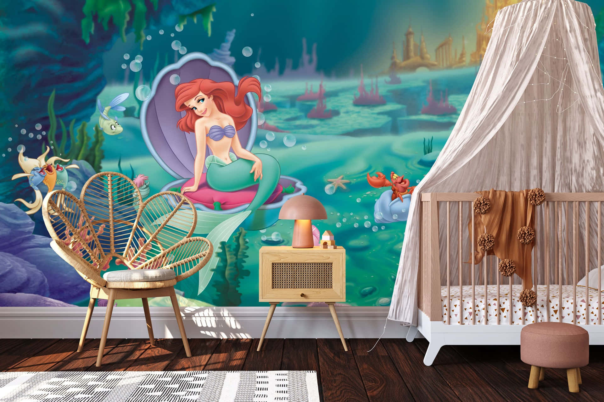 Cozy Bedroom With The Little Mermaid Design Background