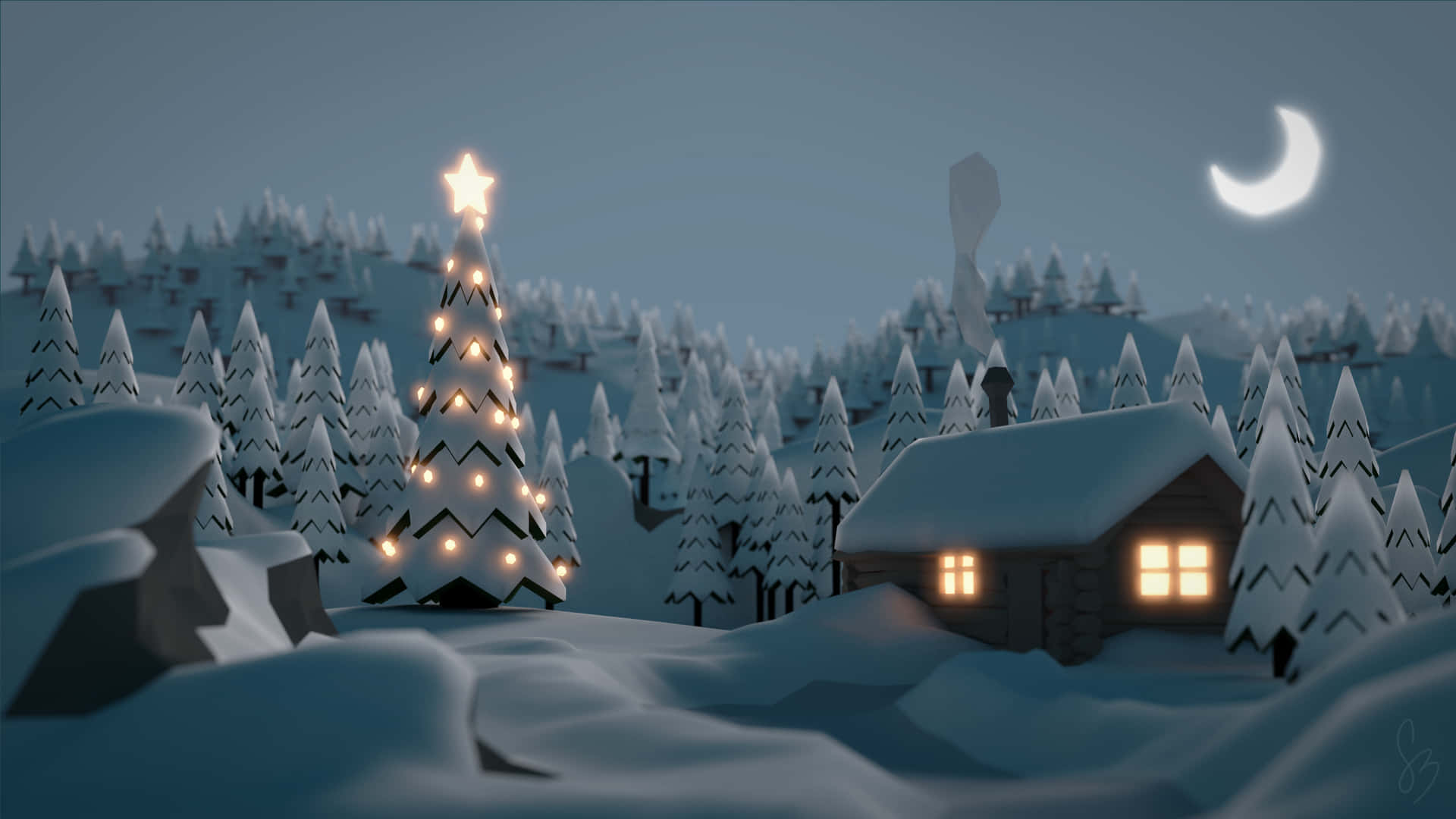 Cozy Christmas 3d Drawing Snowy Trees Background