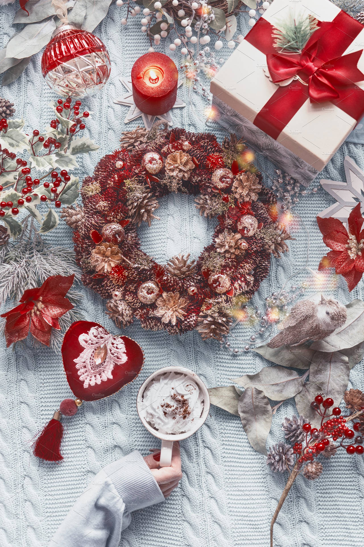 Cozy Christmas Aesthetic Red Wreath Background
