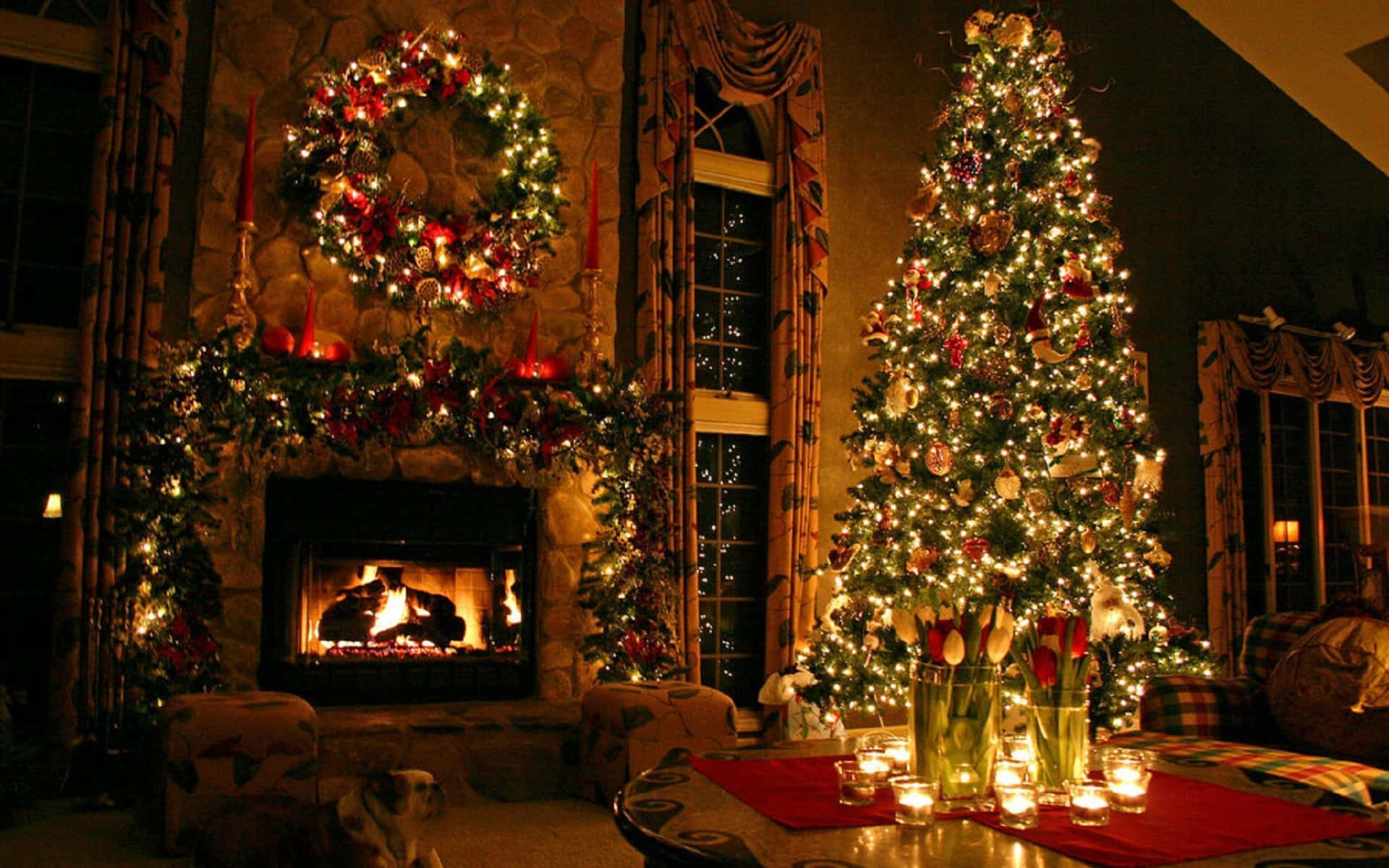 Cozy Christmas Fireplace Big Tree Background