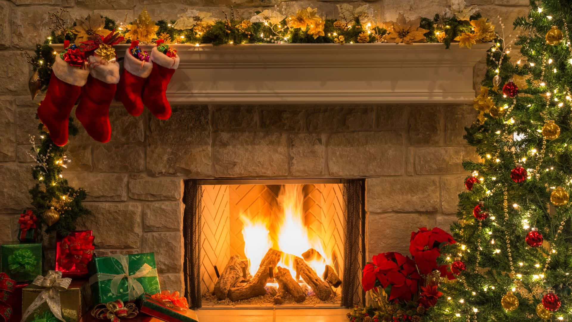 Cozy Christmas Fireplace Decor Background