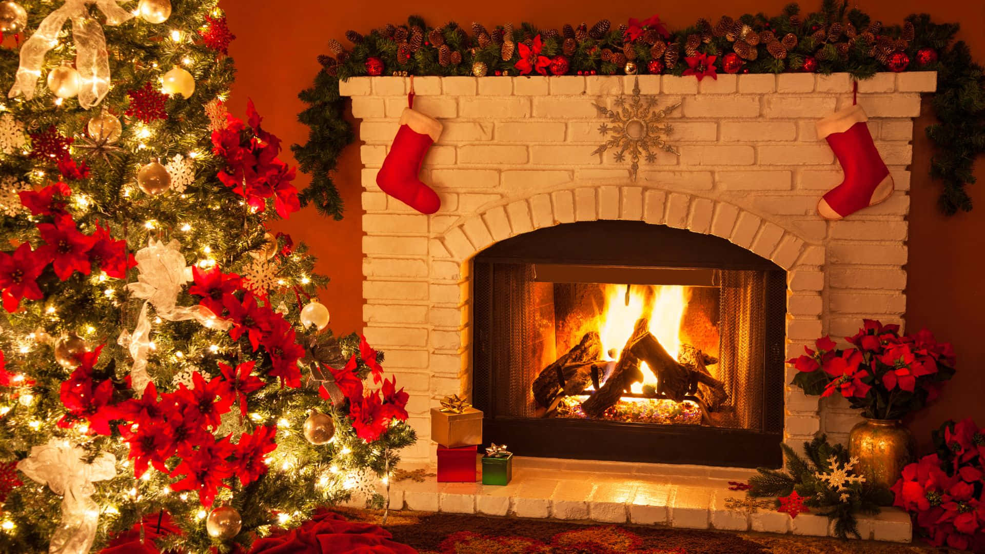 Cozy Christmas Fireplace Decor Background