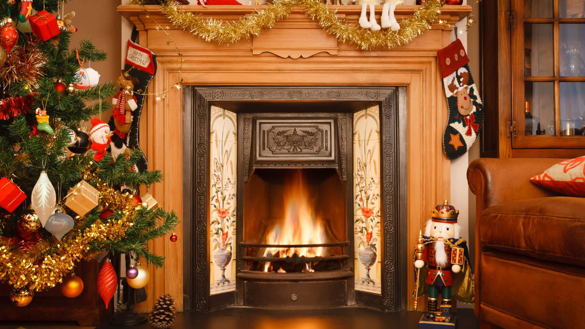 Cozy Christmas Fireplace Decorations Background