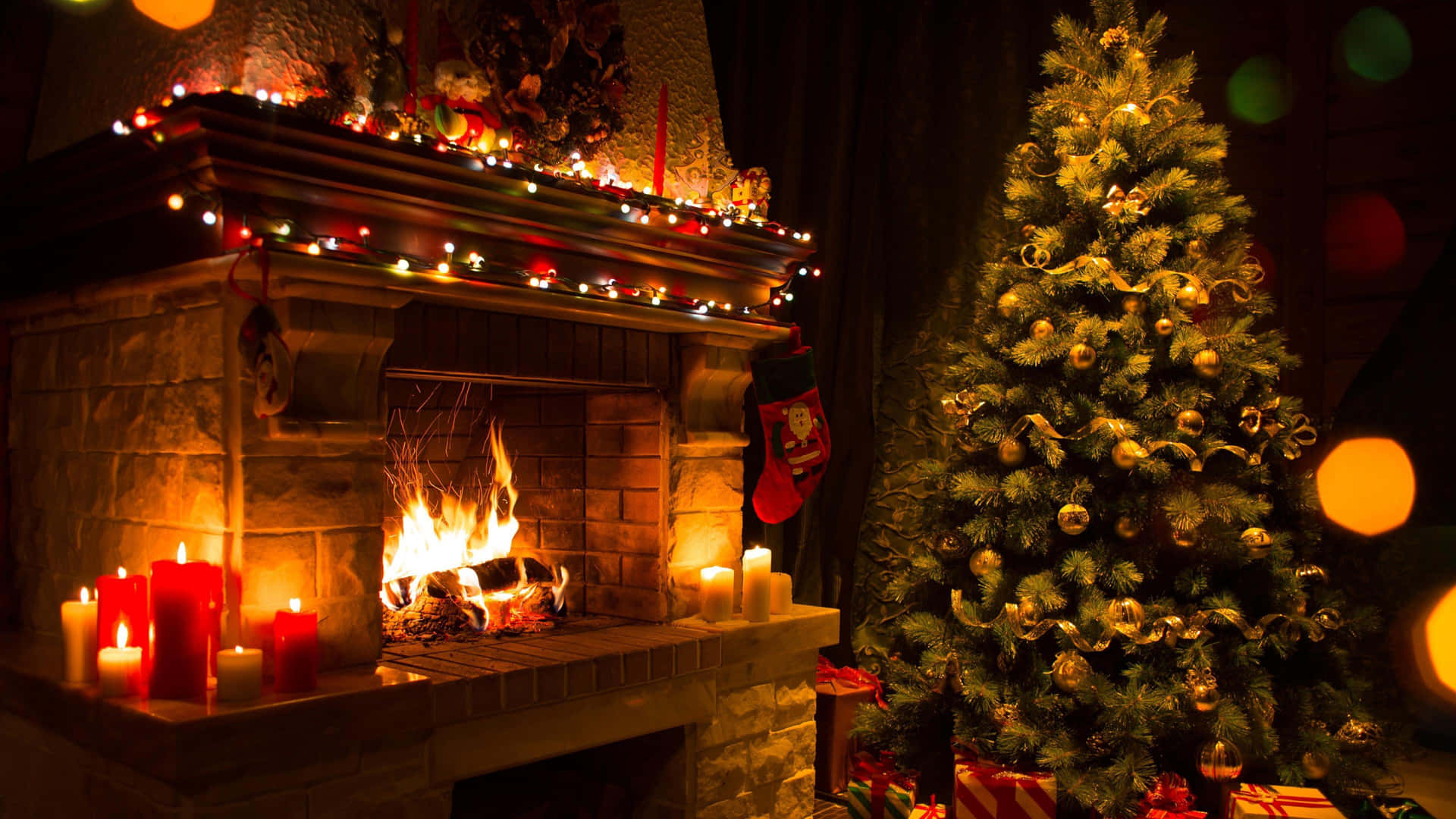 Cozy Christmas Fireplaceand Tree Background