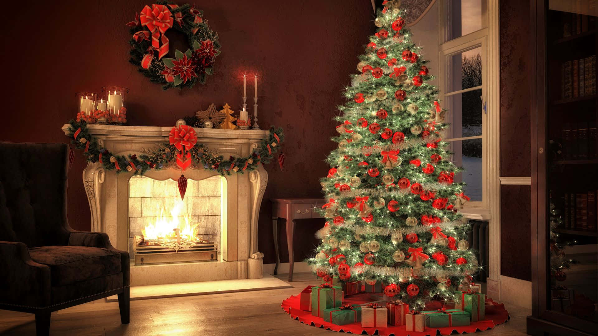 Cozy Christmas Fireplaceand Tree Background