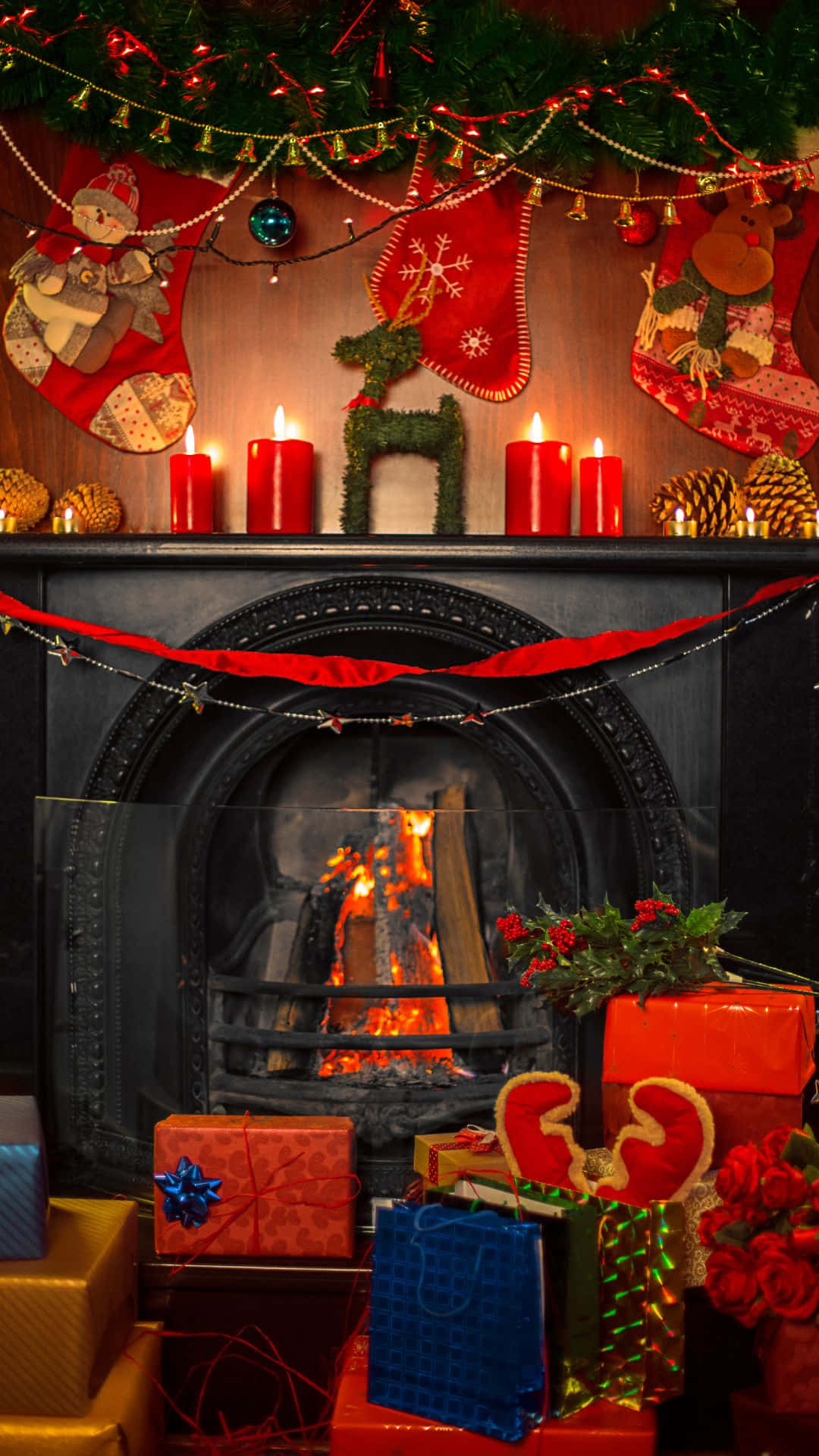 Cozy Christmas Fireplacewith Giftsand Decorations Background