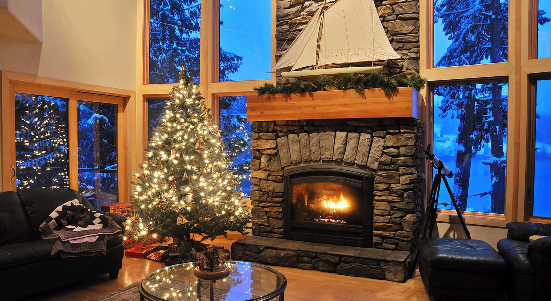Cozy Christmas Fireplacewith Tree Background