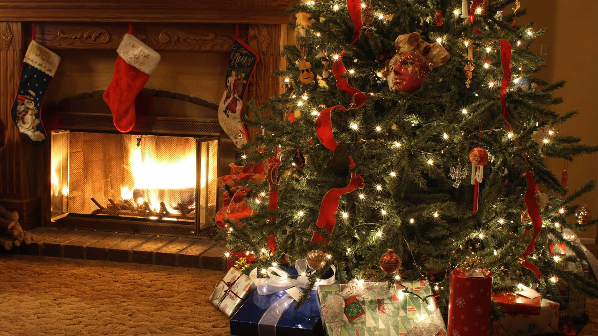Cozy Christmas Treeand Fireplace Scene.jpg Background