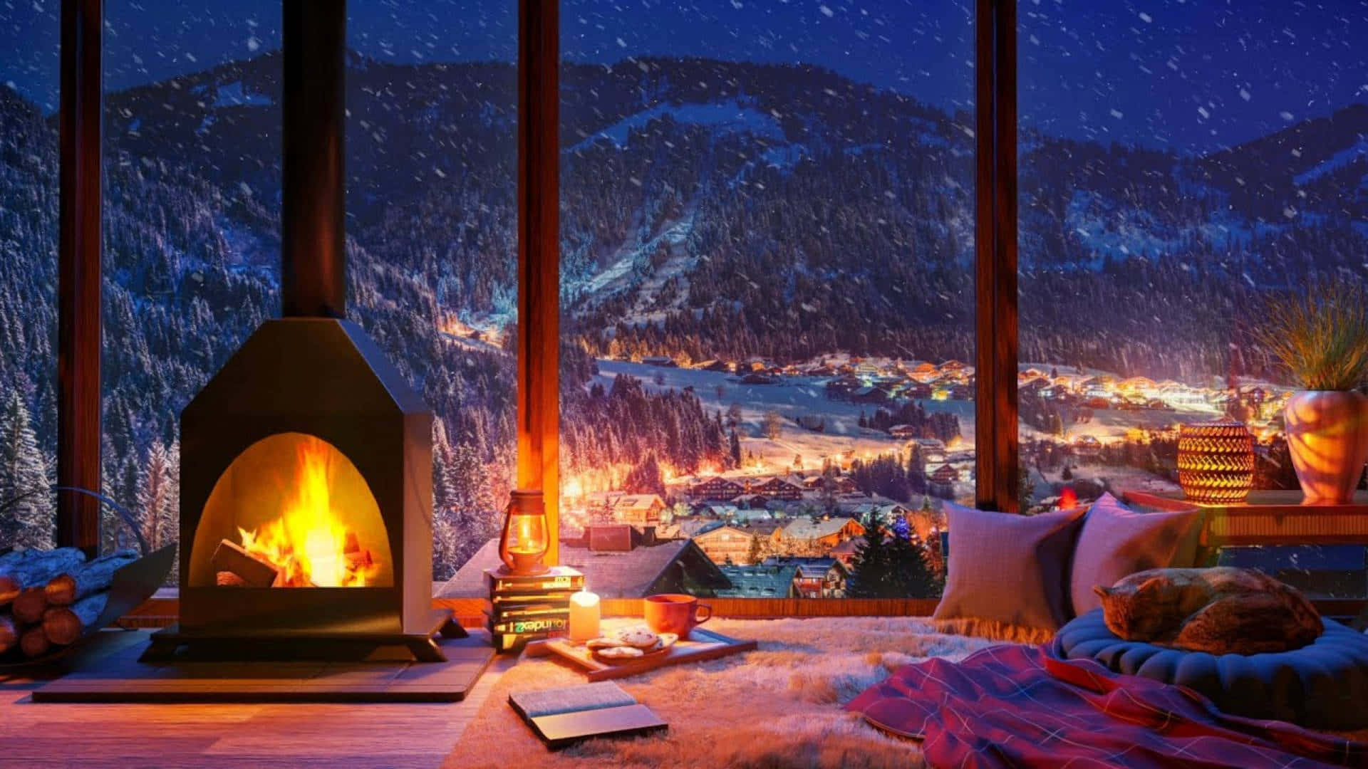 Cozy Fireplace Winter Mountain Desktop Background