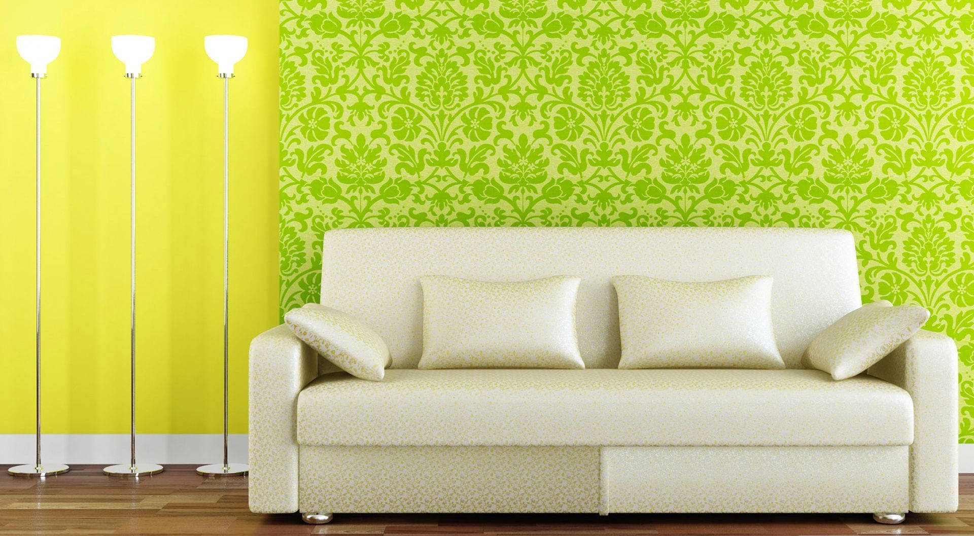 Cozy Living Room With Vibrant Green Wallpaper Background
