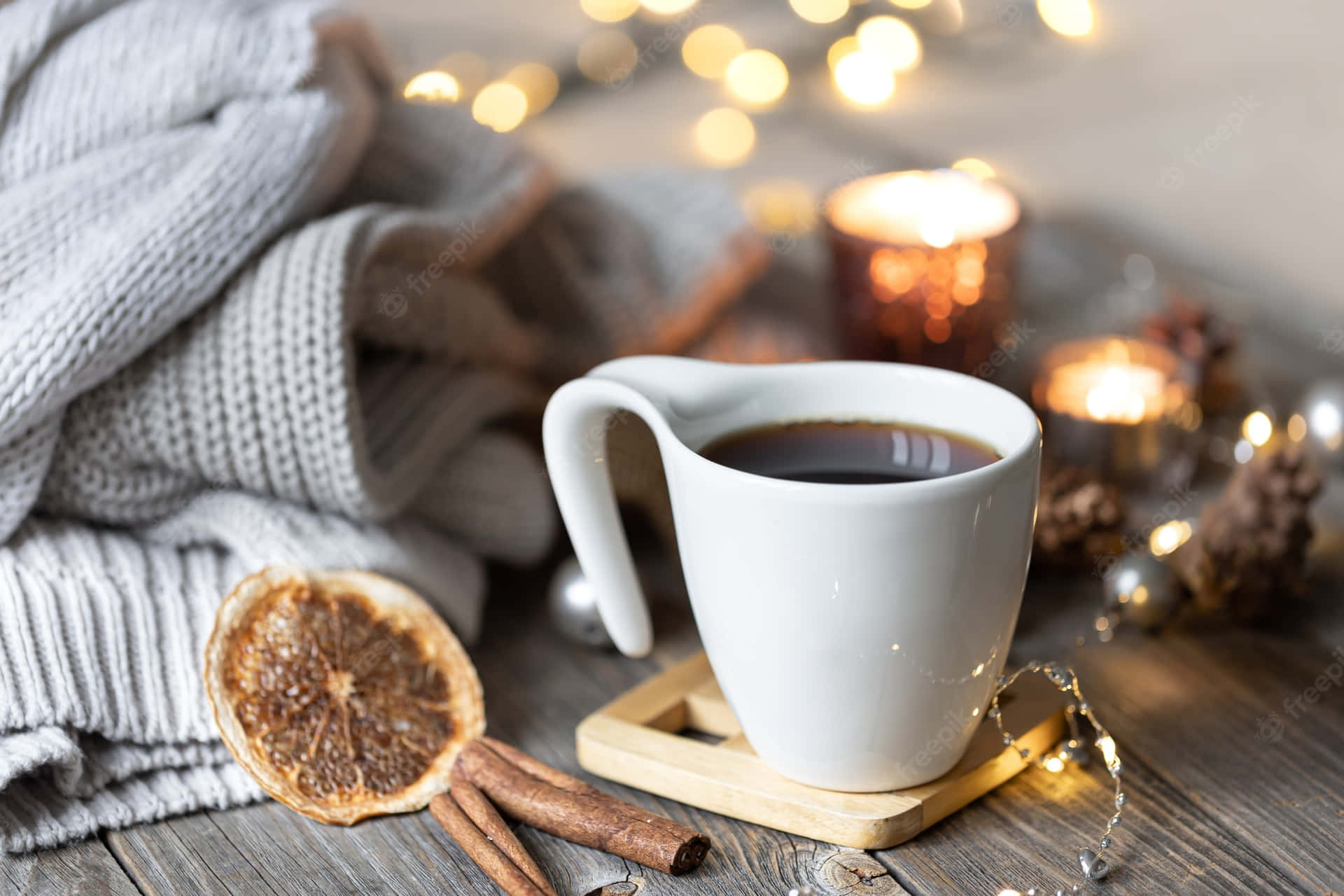 Cozy Set-up Winter Cup Of Coffee Desktop Background