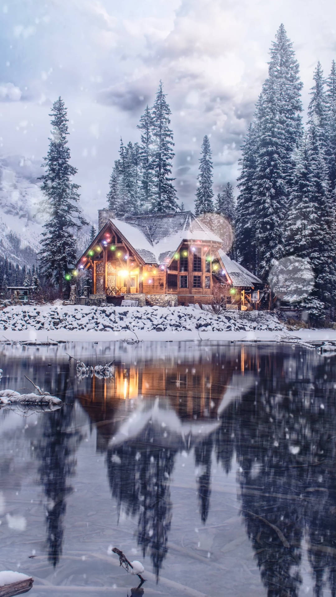 Cozy Winter Cabin By The Lake Background