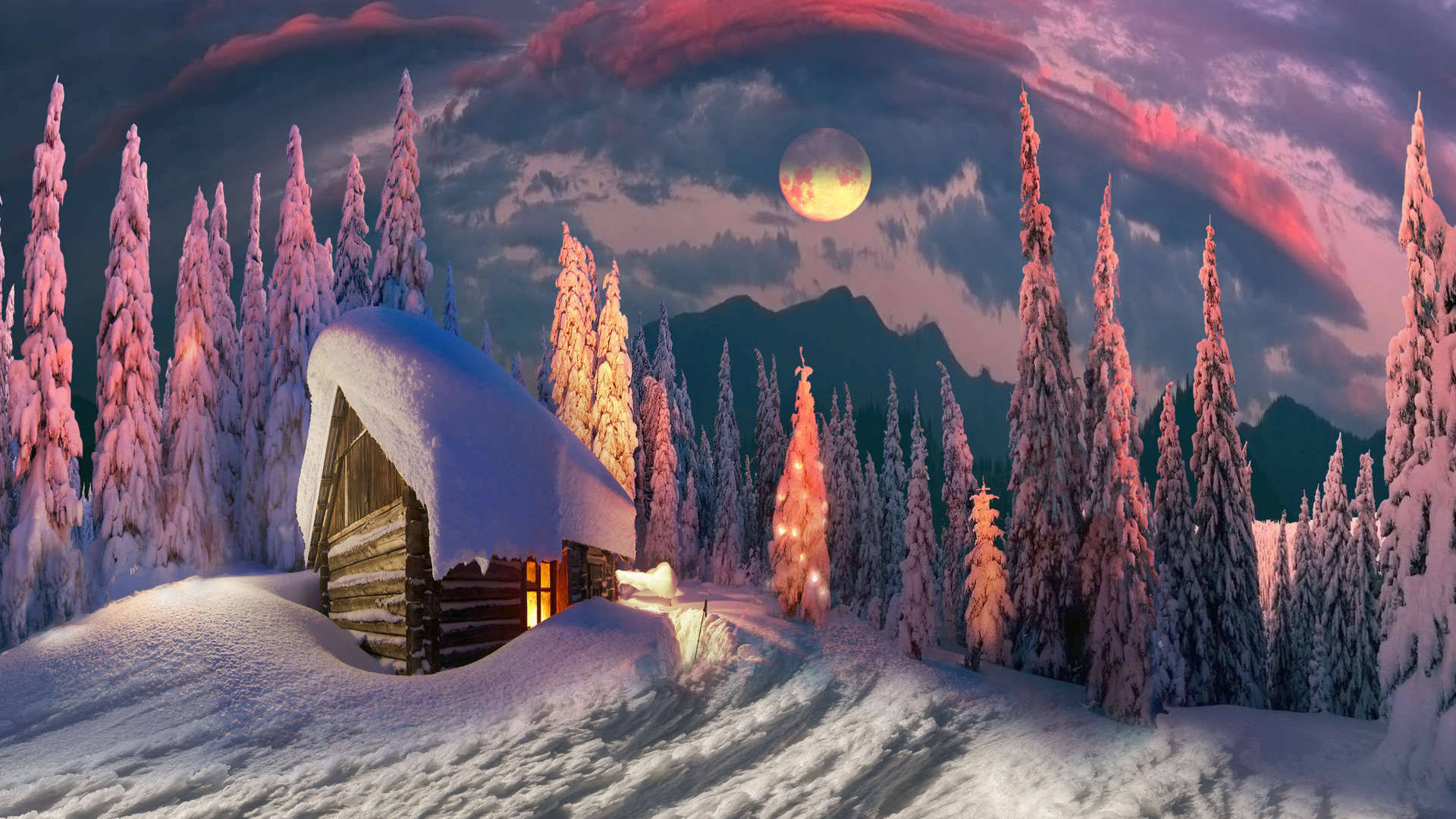 Cozy Winter Cabin On Snowy Day Background