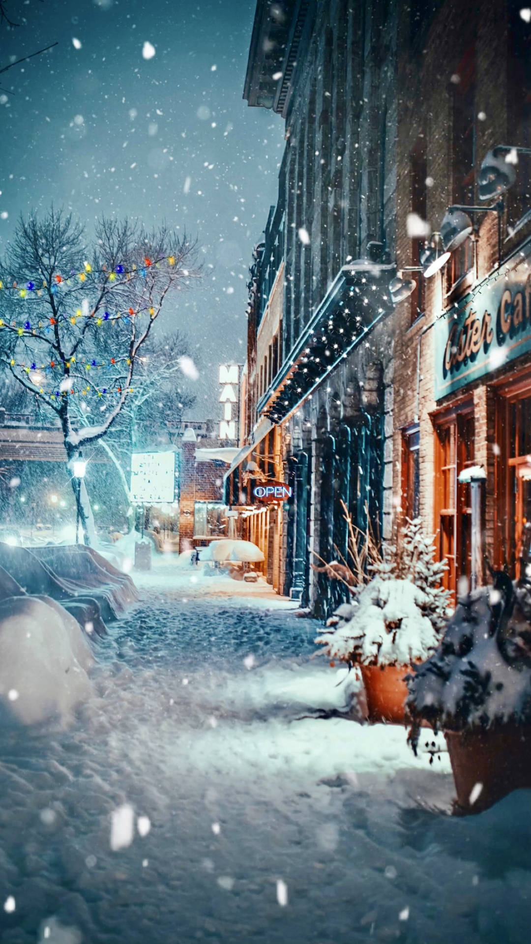 Cozy Winter Cafe And Shops Background