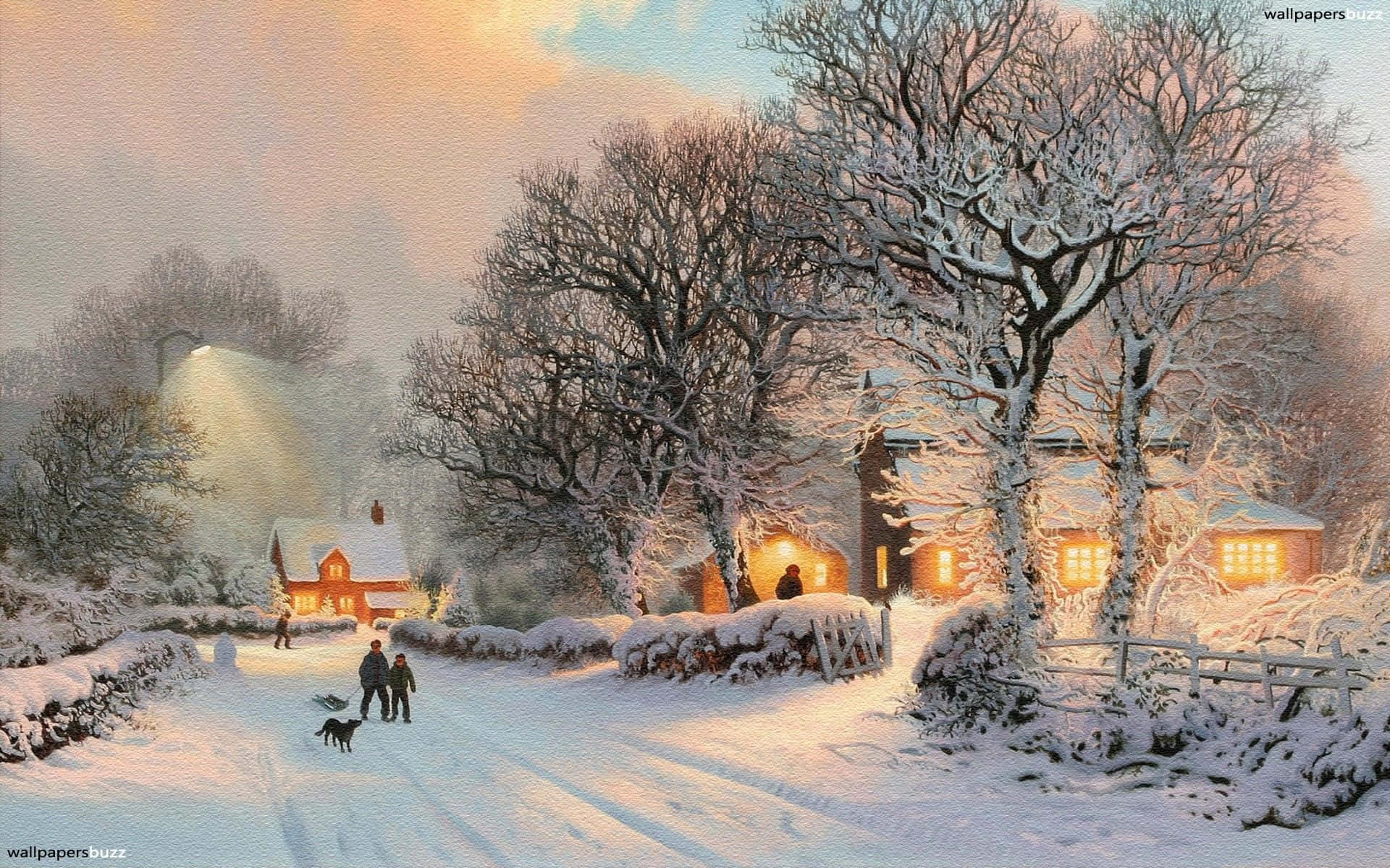 Cozy Winter Scene Painting Desktop Background