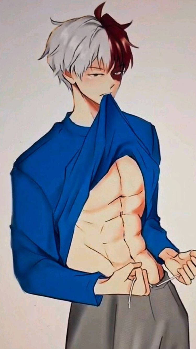 Crazy Hot Abs Anime Boy Blue Shirt Background