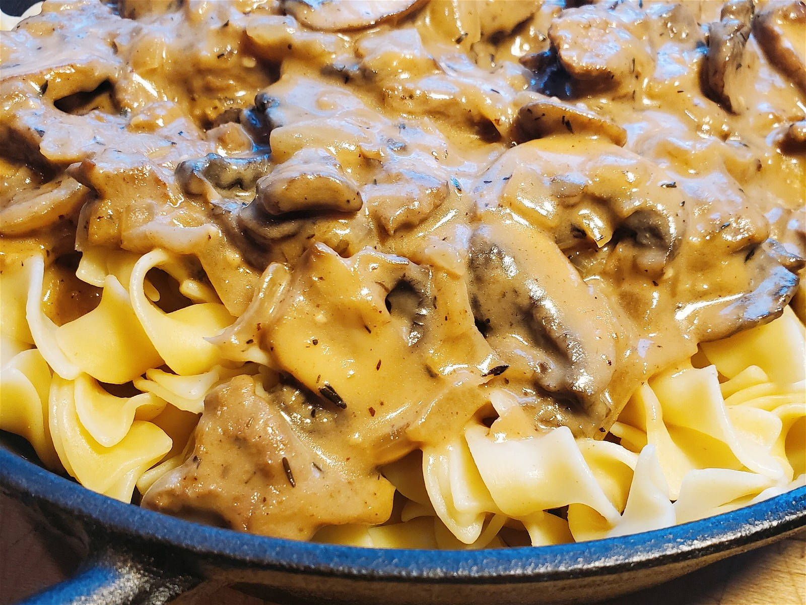 Creamy Russian Dish Beef Stroganoff On Pasta Background