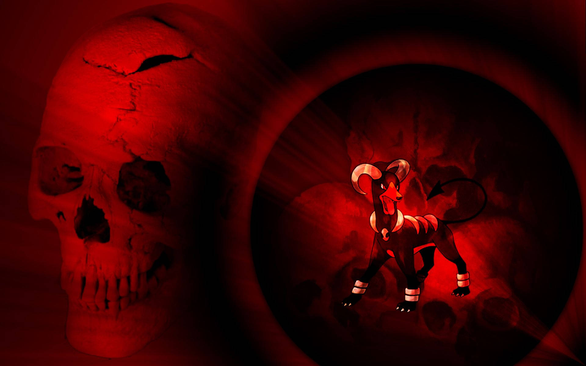 Creepy Black And Red Houndoom With Skull Background