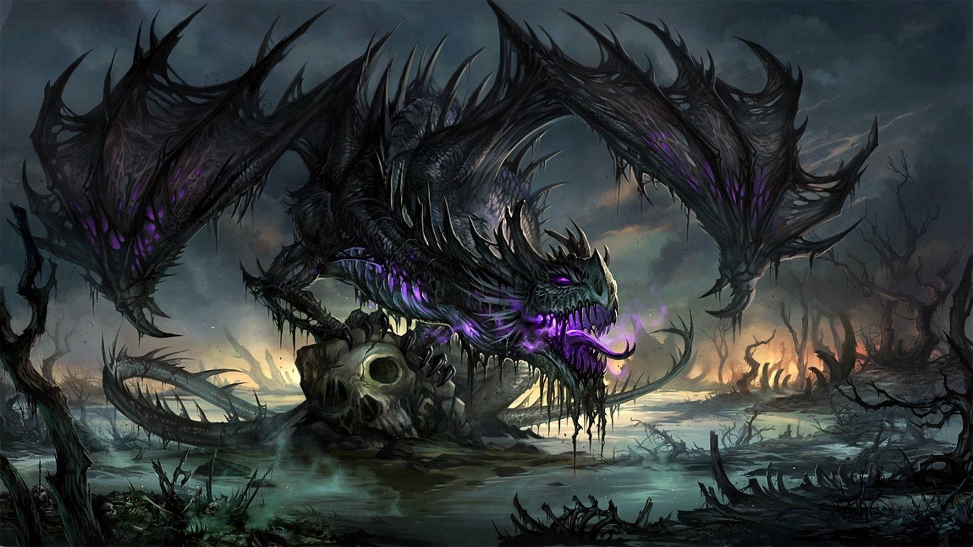 Creepy Black Purple Dragon Background