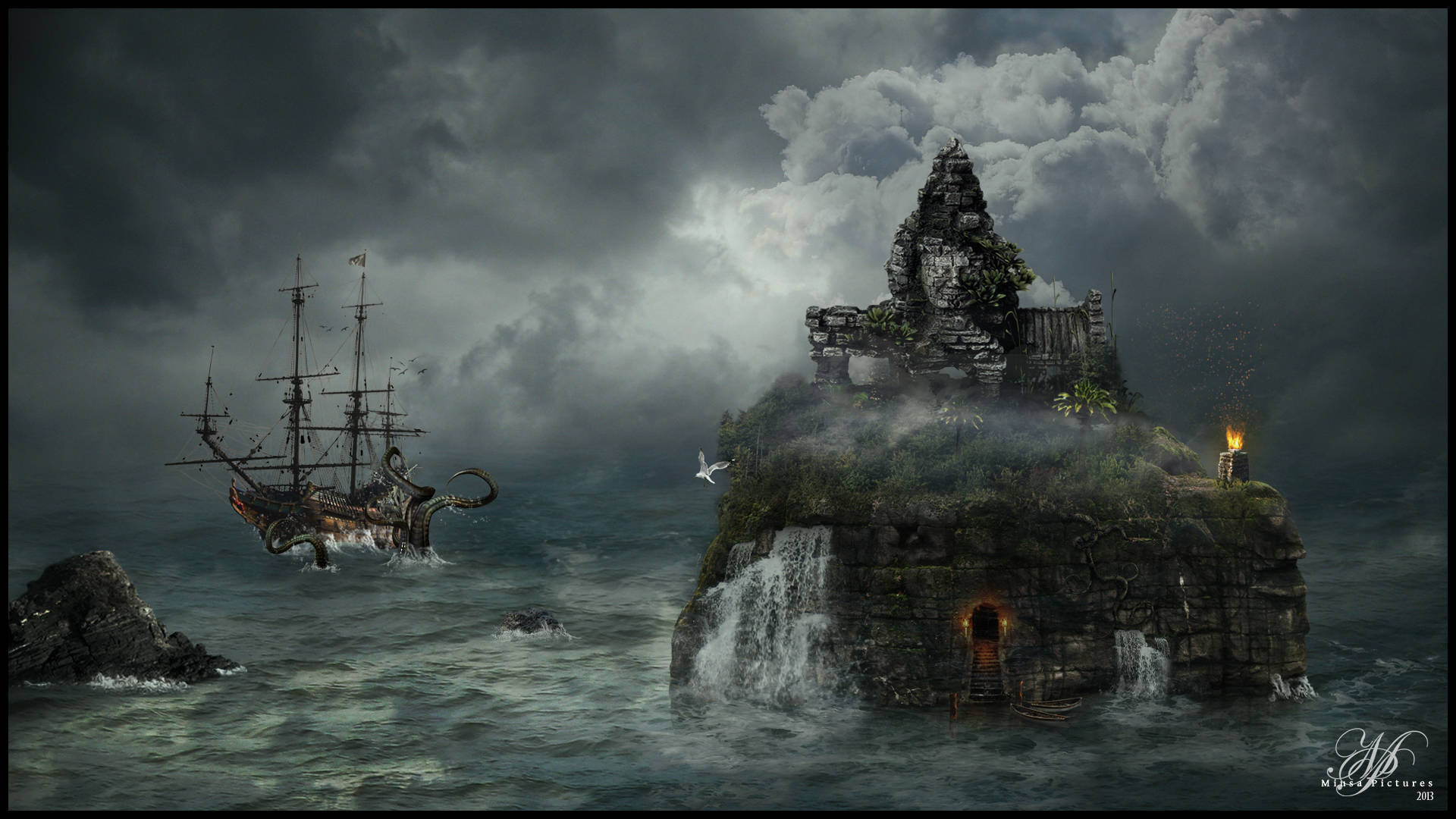 Creepy Ghost Ship Island Background